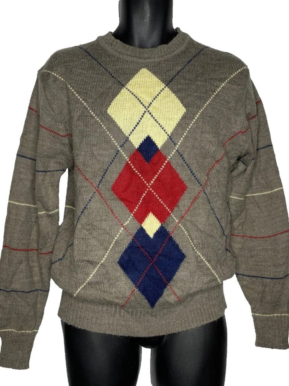 Vintage 70s Bruce Jenner Argyle Sweater Size M Taupe Yellow Red Blue Striped